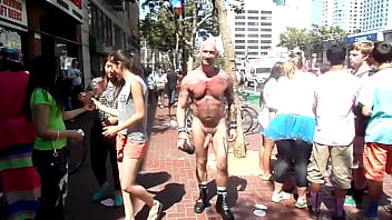 ambling nude in street.